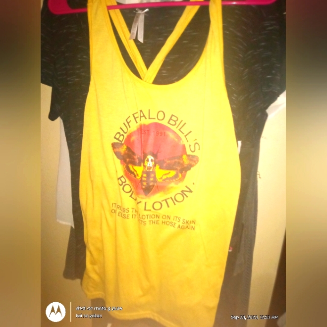 Gold "Buffalo Bill's Lotion" Twisted Racerback Tank Large